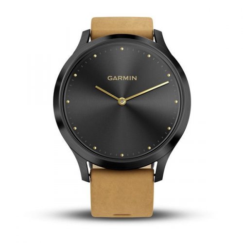 Часы с трекером активности Garmin VivoMove HR Premium, черные, кожа светло-коричн.